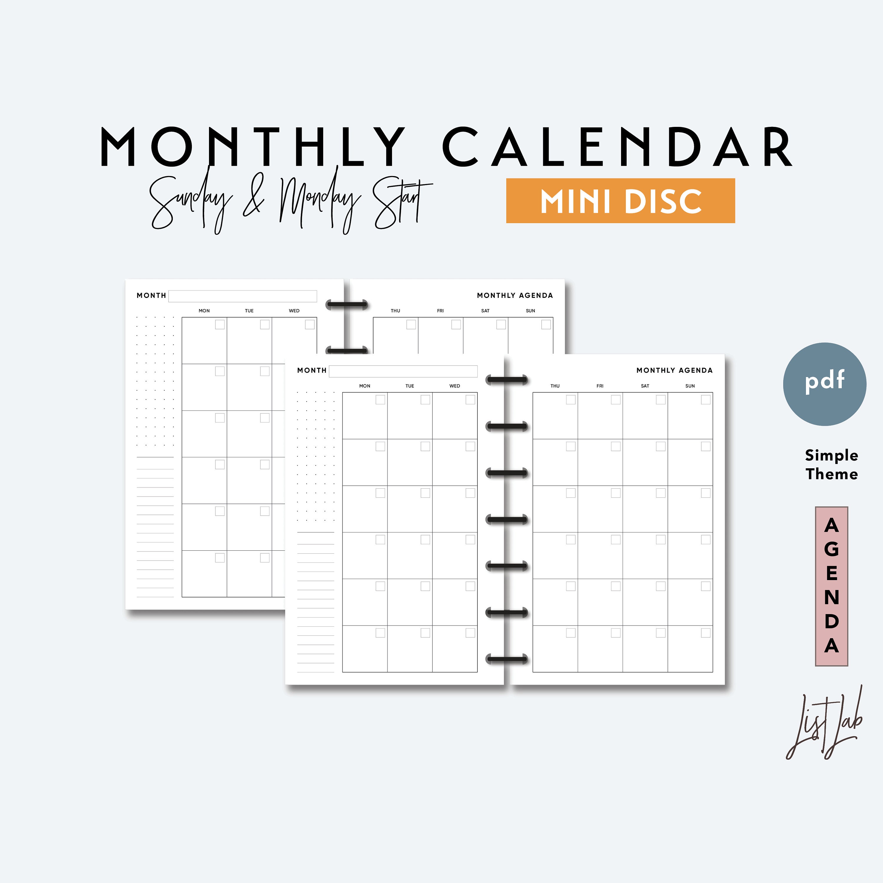 MINI Disc Mo2p Month on 2 Pages Calendar | Printable Minimalist ...