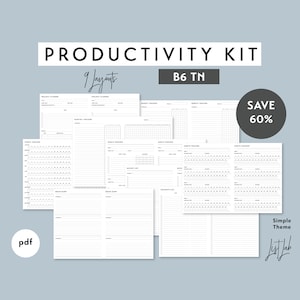 May include: A productivity kit featuring 9 layouts in a simple theme. The kit includes project planners, weekly trackers, monthly trackers, goal trackers, habit trackers, brain dump pages, and a delegate list. The kit is available in B6 TN size and is 60% off.