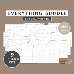 May include: A collection of 9 undated printable planner kits for a personal wide ring binder. The kits include 142+ layouts in a simple theme. The image shows a variety of layouts including monthly, weekly, and daily spreads.