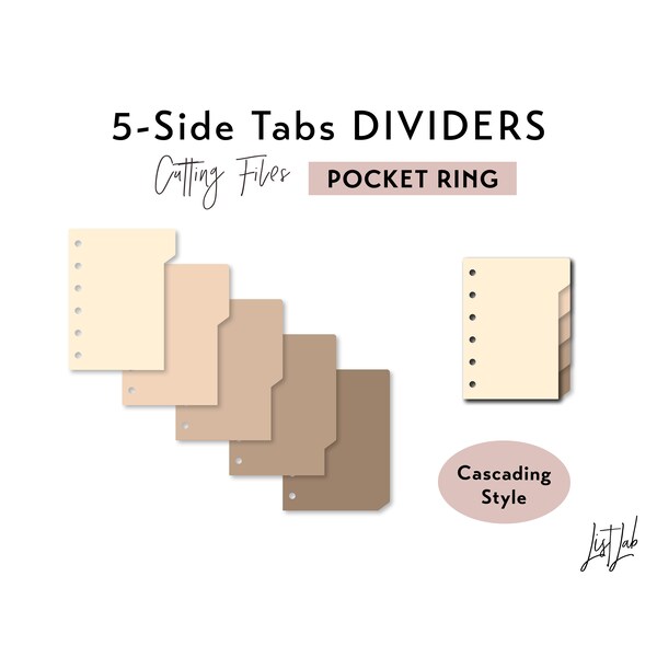 POCKET Ring 5-SIDE Tab Dividers - Cascading Tabs – Die Cutting Files Set | Ring Planner Cutting Templates | svg, png, pdf | diy planner