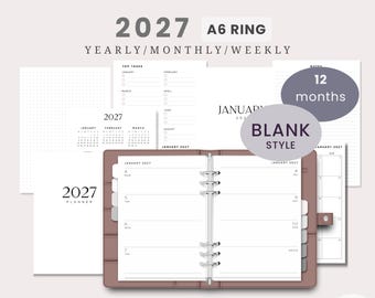 May include: A dusty rose A6 ring planner with a 2027 yearly, monthly, and weekly layout. The set includes various white paper inserts featuring task lists, dot grid pages, and calendar views with the text 2027, A6 RING, 12 months, and BLANK STYLE.