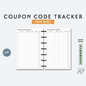 Mini Discbound COUPON CODE TRACKER | Printable Minimalist Discbound Planner Insert | pdf | Simple Theme | Discound Codes Log