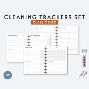 May include: A set of printable cleaning trackers in a classic disc style. The trackers include a deep cleaning tracker, a daily cleaning tracker, a weekly cleaning tracker, and a monthly cleaning tracker. The trackers are designed to help you stay organized and on top of your cleaning tasks.