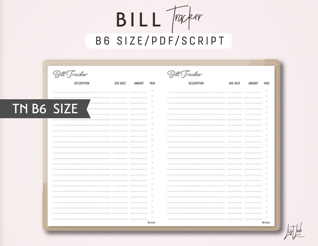 B6 TN Bill Tracker - Traveler's Notebook Printable Insert PDF - Script ...