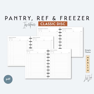May include: A printable pantry, refrigerator, and freezer inventory list template in a classic disc style. The template is designed for use with a disc bound planner. The template has a simple theme and is labeled "Health".