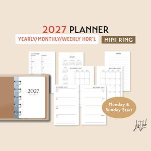 May include: A 2027 mini ring planner with yearly, monthly, and weekly horizontal layouts. The set includes white paper inserts featuring top tasks, calendar grids, and note pages. Text on the planner includes 2027 PLANNER, YEARLY/MONTHLY/WEEKLY HOR'L, MINI RING, and Monday & Sunday Start.