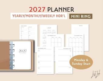2027 A8 / MINI Ring Yearly Monthly Weekly Wo2p Horizontal Printable Planner Insert Set, DIY Planner