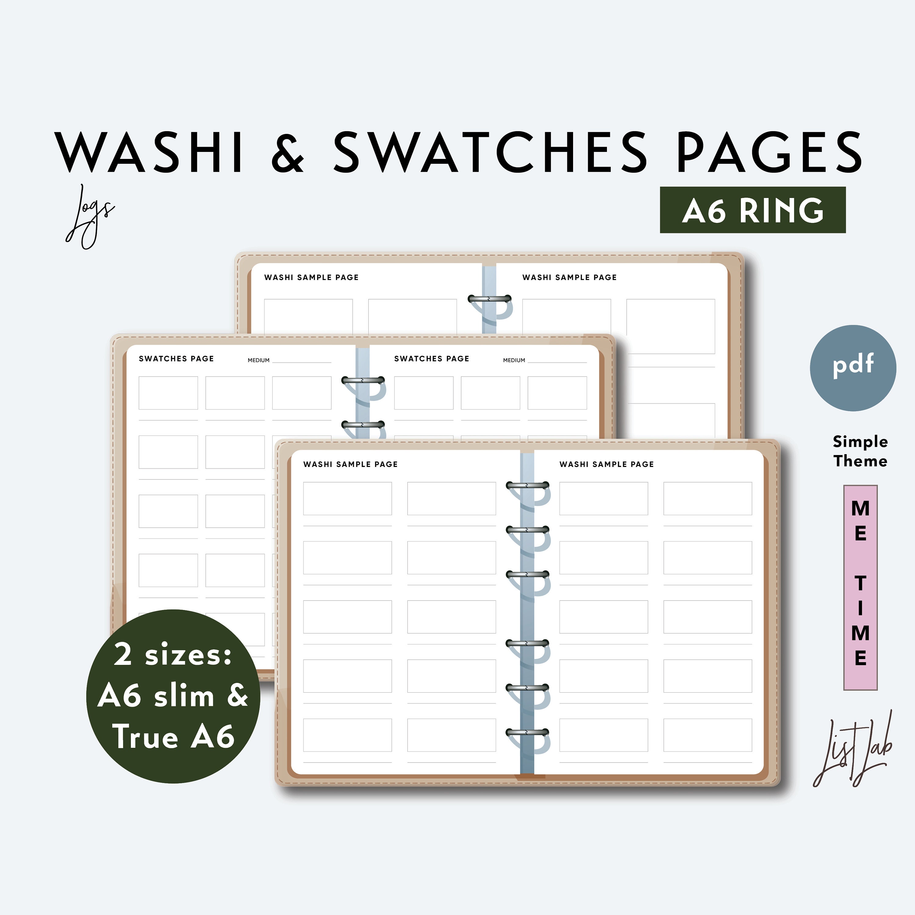 A6 Ring WASHI and SWATCHES Pages Set - Printable Ring Planner Insert PDF - Simple Theme