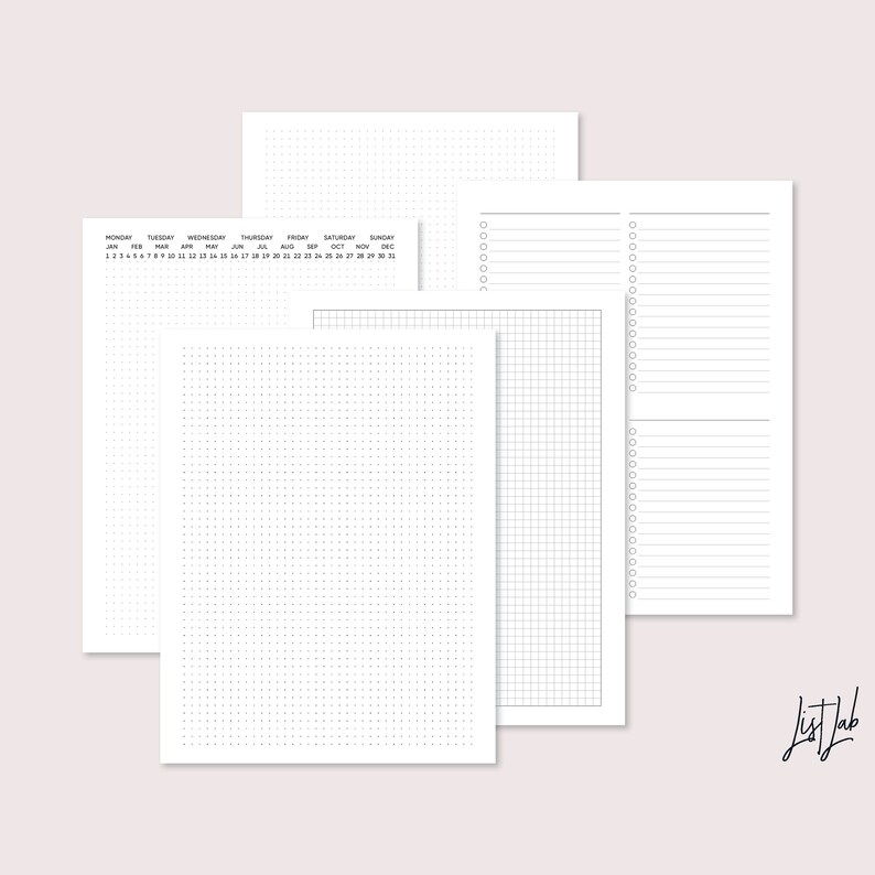 Puede incluir: Tres tipos diferentes de hojas de papel en blanco: una cuadr&iacute;cula punteada, una cuadr&iacute;cula cuadrada y una hoja rayada con una lista de verificaci&oacute;n. La hoja rayada tiene una secci&oacute;n para notas y una secci&oacute;n para una lista de verificaci&oacute;n. El texto "List Lab" est&aacute; en la esquina inferior derecha.