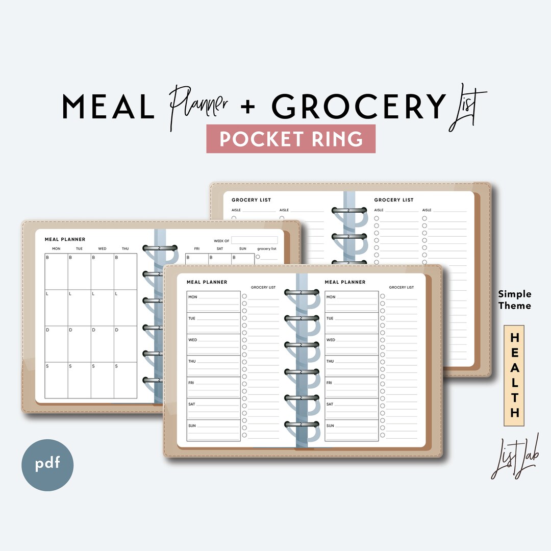 Pocket Ring MEAL PLANNER and GROCERY List Set | Printable Minimalist ...