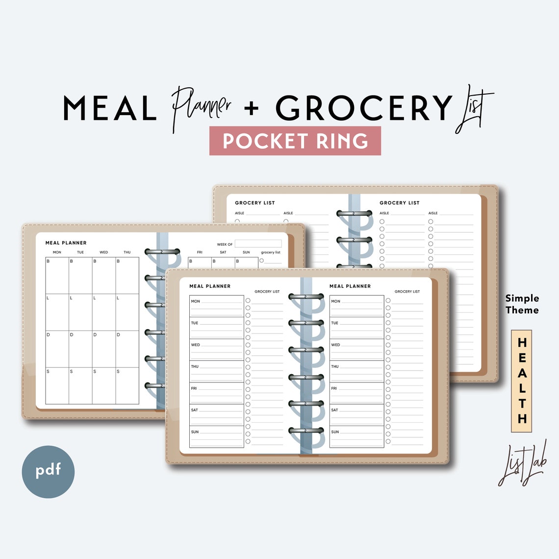 Pocket Ring MEAL PLANNER and GROCERY List Set | Printable Minimalist ...