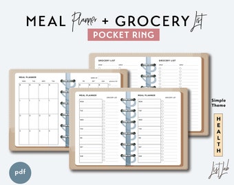 Pocket Ring MEAL PLANNER and GROCERY List Set  | Printable Minimalist Ring Planner Inserts Set | pdf | Simple Theme, Wellness Planner