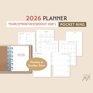 2026 POCKET Ring Planner stampabile ORIZZONTALE, mensile, settimanale, annuale, Wo2p, set di inserti, planner fai da te