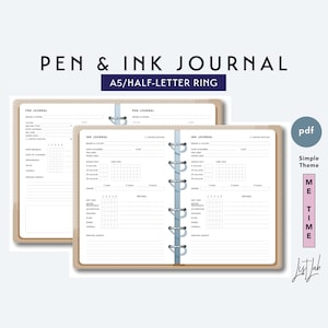 Könnte beinhalten: Ein druckbares A5/halb-Brief-Ringbuch zum Verfolgen von Stift- und Tinteninformationen. Das Journal enthält Abschnitte für Stift- und Tintendetails, darunter Marke, Modell, Farbe, limitierte Auflage, Erwerbsdatum, verwendetes Papier, Trocknungszeit, Wasserbeständigkeit, Schattierung, Sättigung, Fluss, Glanz, Gesamtbewertung und Schriftprobe. Das Journal hat ein schlichtes Thema mit braunem Hintergrund und weißem Text.