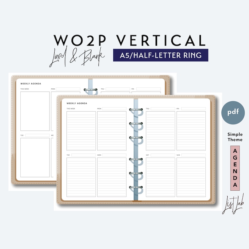 A5 and Half-Letter Week on 2 Pages Vertical Set Printable Ring Planner Insert Simple Theme image 1