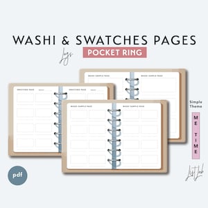 Puede incluir: Tres cuadernos de anillas abiertos con páginas de washi y muestras. Los cuadernos son de color beige con anillas plateadas y detalles azules. El texto de la imagen dice "Washi & Swatches Pages" y "Pocket Ring".