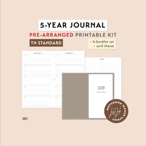 Standard TN 5-YEAR JOURNAL Notebook Pre-arranged Printable Kit | Traveler's Notebook Insert Set | Diary Insert, Quick Journaling, 5-Year Log