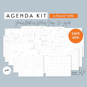 May include: A set of printable planner pages in a simple theme. The pages include yearly, monthly, weekly, and daily layouts. The pages are designed for a 4.75 by 8.25 inch ring binder.