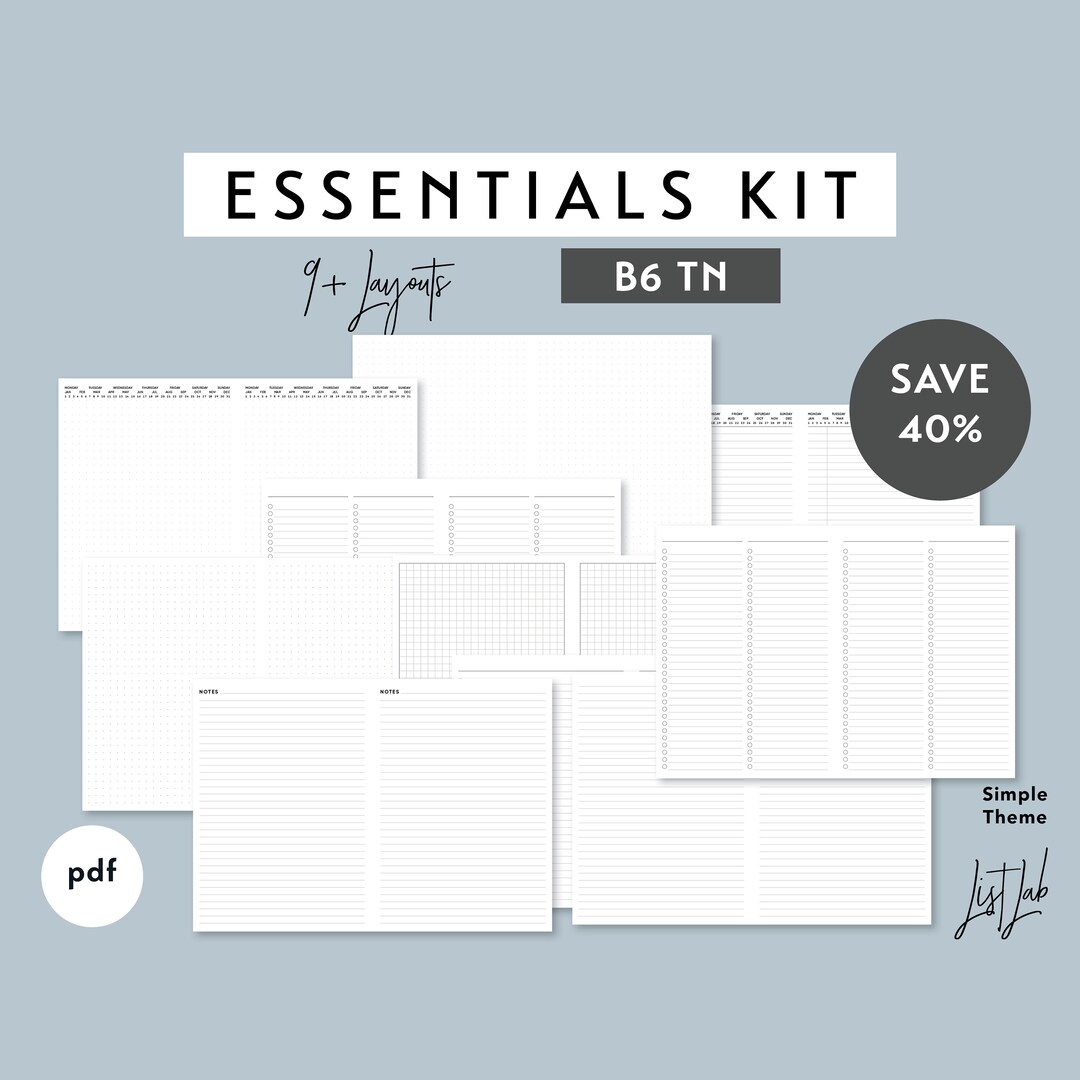 B6 TN ESSENTIALS KIT Printable Minimalist Traveler's Notebook Insert ...