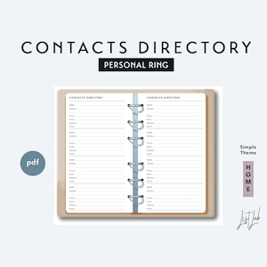 May include: A brown leather-bound contact directory with a ring binder. The cover has the text "Contacts Directory" and "Personal Ring" printed on it. The pages are lined with white paper and have spaces for writing names, addresses, phone numbers, emails, and notes.