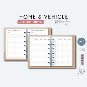 Pocket Ring HOME and VEHICLE MAINTENANCE Logs Set | Printable Minimalist Ring Planner Insert | pdf | Simple Theme