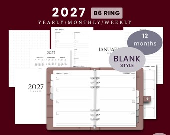 2027 B6 Ring Yearly Monthly Weekly Wo2p BLANK HORIZONTAL Printable Planner Insert Set