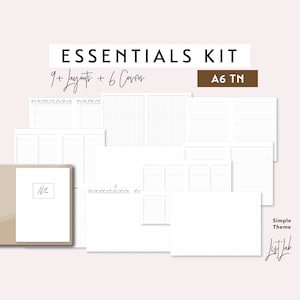 May include: A set of printable A6 TN planner pages with 9+ layouts and 6 covers. The pages feature a simple theme with grid, lined, and blank layouts. The text "Essentials Kit" and "A6 TN" are visible at the top of the image.