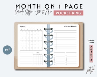 Pocket Ring MO1P Calendar | MONTH ON 1 PAGE  | Printable Ring Planner Insert | pdf | Minimalist Planner | Simple Theme