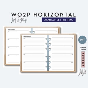 Juego de insertos para agenda de anillas o discos imprimibles en formato A5 y media letra con semana en 2 páginas horizontales / Tema simple