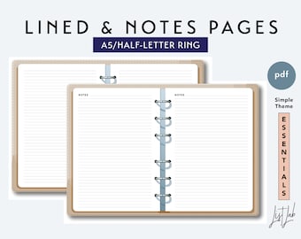 Könnte beinhalten: Offenes A5/Half-Letter Ringbuch mit linierten Seiten. Das Notizbuch ist beige mit hellblauem Rücken und silbernen Ringen. Der Text "LINED & NOTES PAGES" steht oben, darunter "A5/HALF-LETTER RING".