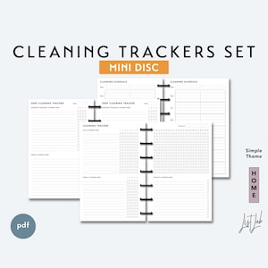 May include: A black and white printable cleaning tracker set for a mini disc planner. The set includes a deep cleaning tracker, a daily cleaning tracker, and two cleaning schedule pages.