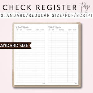 以下が含まれることがあります： 上部に「CHECK REGISTER Page」というテキストが入った小切手登録ページ。「STANDARD/REGULAR SIZE/PDF/SCRIPT」というテキストが下にあります。「Check Register」という言葉がページの一番上にあります。「TN STANDARD SIZE」という言葉が左側にあります。