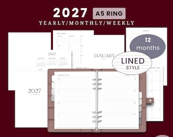 2027 A5 Ring Yearly Monthly Weekly Wo2p LINED HORIZONTAL Printable Planner Insert Set