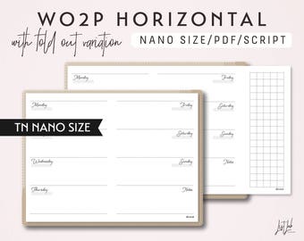 Puede incluir: Un planificador semanal imprimible en formato horizontal, diseñado para su uso en un Traveler's Notebook. El planificador está etiquetado como "TN Nano Size" e incluye los días de la semana, "Notas" y una sección cuadriculada para notas adicionales.