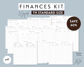 Standard TN FINANCES KIT | Printable Minimalist Ring Planner Inserts Set | Simple - 13 layouts, Income, Expenses, Savings, Bill Trackers