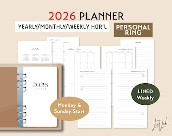 2026 PERSONAL Ring Yearly Monthly LINED Weekly Wo2p Horizontal Printable Planner Insert Set, DIY Planner