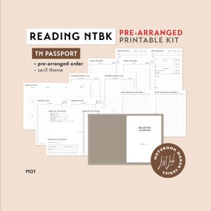 May include: A printable reading notebook kit with a brown and white colour scheme. The kit includes a reading log, reading list, table of contents, book review index, favourite books log, daily reading tracker, book tracker, and book review pages. The kit is pre-arranged and has a serif theme. The kit is part of the List Lab Notebook Maker Series.