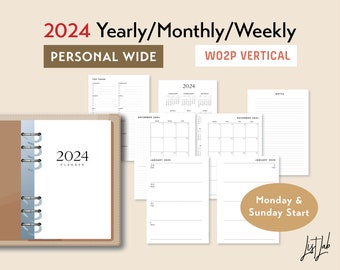 2024 PERSONAL WIDE Ring Yearly Monthly Weekly Wo2p HORIZONTAL Printable Planner Insert Set, diy Planner