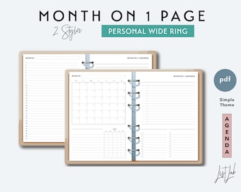 PERSONAL WIDE Month on 1 Page Set with Lists and Tracker - Printable Ring Planner Insert PDF - Simple Theme