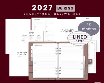 2027 B6 Ring Yearly Monthly Weekly Wo2p LINED HORIZONTAL Printable Planner Insert Set