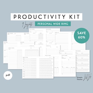 Puede incluir: Un kit de productividad con 9 diseños imprimibles para una carpeta de anillas ancha personal. Los diseños incluyen un rastreador semanal, un rastreador de objetivos, una lista de deseos, un volcado de cerebro, una lista de delegados, un rastreador de hábitos, un planificador de proyectos y más. El kit está en un tema simple con texto negro sobre fondo blanco.  Ahorra 60%.