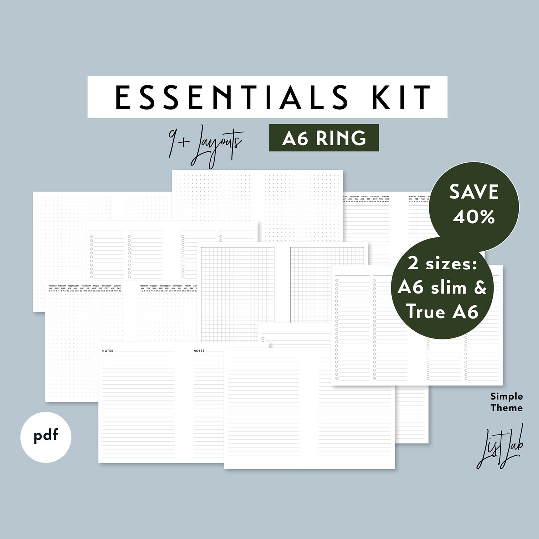 A6 Ring ESSENTIALS KIT | Printable Minimalist Ring Planner Insert Set | Pdf | Simple Theme - 9 ...