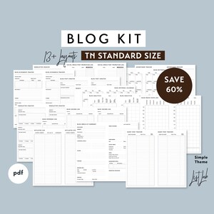 May include: A white and black Blog Kit with 13+ layouts in TN Standard Size. The kit includes various trackers such as a newsletter creator, blog post creator, and guest post tracker. The image also includes the text "SAVE 60%" and "Simple Theme".