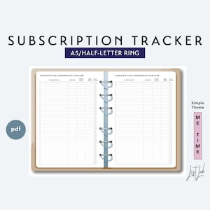 Può includere: Un tracker di abbonamenti stampabile in formato A5/mezzo-lettera con un tema semplice. Il tracker ha due pagine con colonne per descrizione, importo, data di inizio e data di fine. Le pagine sono rilegate con un raccoglitore ad anelli.
