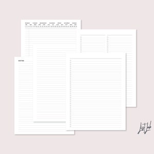 Puede incluir: Tres p&aacute;ginas imprimibles en blanco con papel rayado y un encabezado de calendario. El encabezado del calendario muestra los meses del a&ntilde;o y los d&iacute;as de la semana. Las p&aacute;ginas est&aacute;n dise&ntilde;adas para tomar notas, planificar y hacer listas.