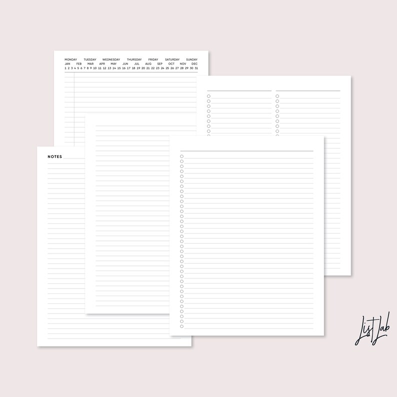Puede incluir: Tres p&aacute;ginas imprimibles en blanco con papel rayado y un encabezado de calendario. El encabezado del calendario muestra los meses del a&ntilde;o y los d&iacute;as de la semana. Las p&aacute;ginas est&aacute;n dise&ntilde;adas para tomar notas, planificar y hacer listas.