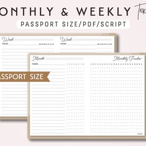 Monthly Tracker en Weekly Tracker (paspoortformaat) - bijsluiter voor afdrukbaar notitieboekje - schriftthema