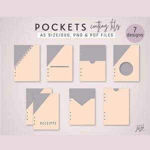 Puede incluir: Siete diseños de bolsillo imprimibles para planificadores de tamaño A5. Los diseños incluyen una variedad de formas y estilos, incluyendo un bolsillo con un borde festoneado, un bolsillo con una solapa y un bolsillo con un círculo recortado. Los diseños están en tonos de gris y beige.