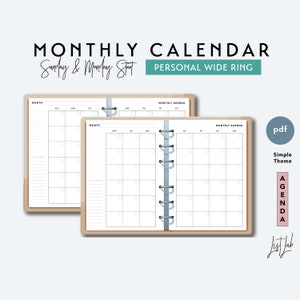 PERSONAL WIDE Month on 2 Pages Calendar - Printable Ring Planner Insert PDF - Simple Theme