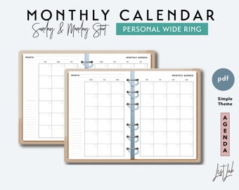 PERSONAL WIDE Month on 2 Pages Calendar - Printable Ring Planner Insert PDF - Simple Theme